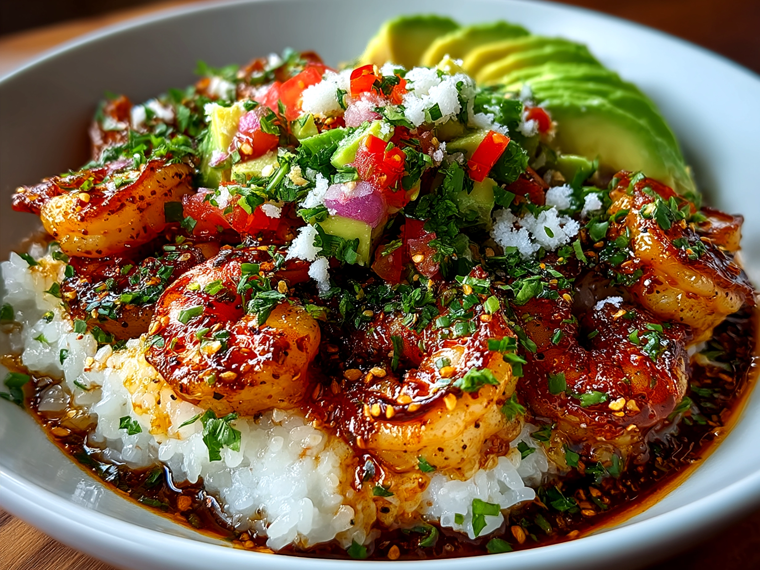 Fully assembled Mexican Shrimp Bowl with colorful veggies and creamy sauce