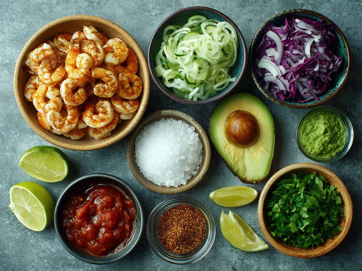 Ingredients for Mexican Shrimp Bowl including shrimp, rice, avocado, corn, and spices
