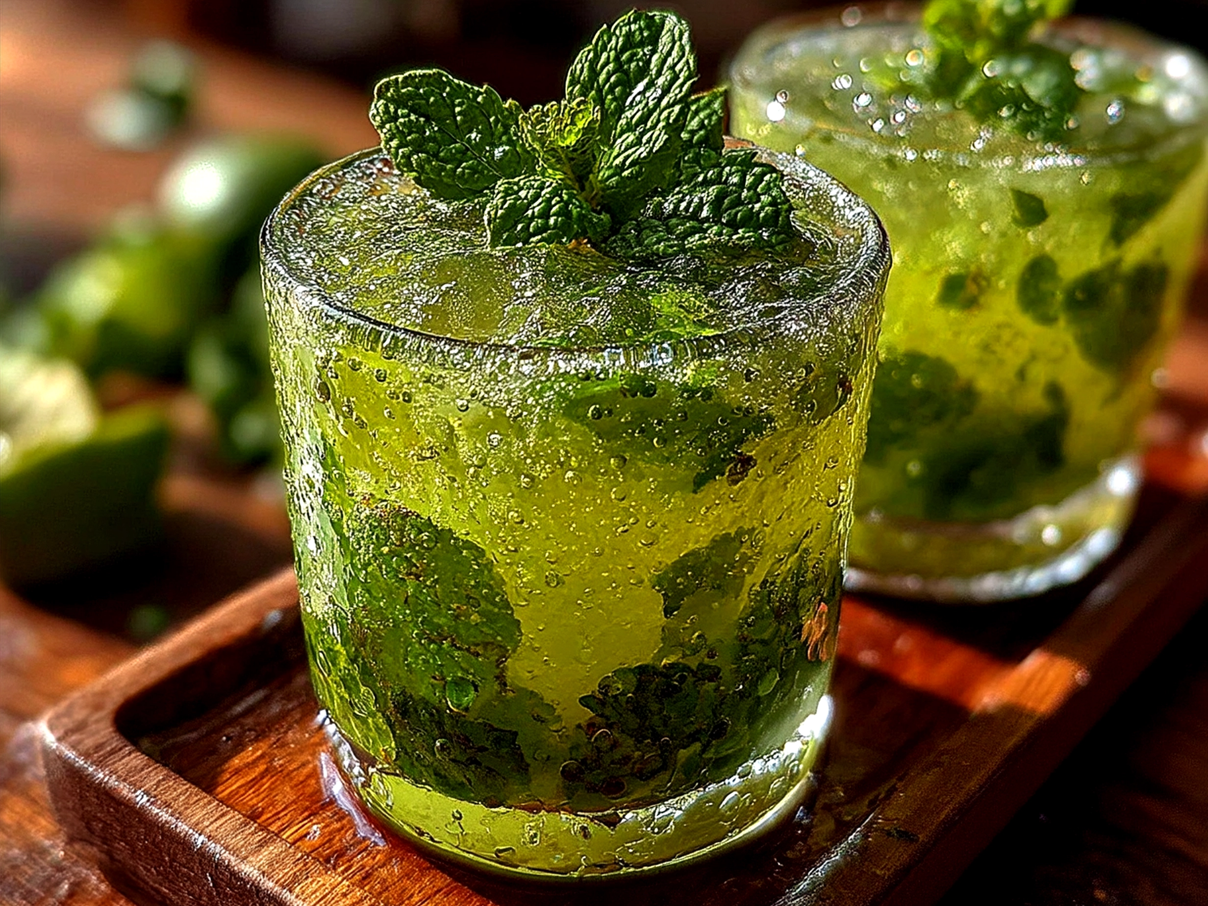 Serving Mint Lemonade garnished with lemon slices and mint sprigs