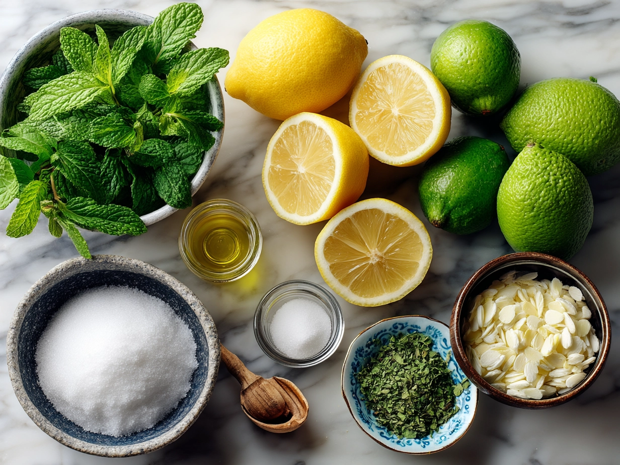 Ingredients for Mint Lemonade: fresh lemons, mint leaves, sugar, water, ice cubes, lemon slices, and mint sprigs