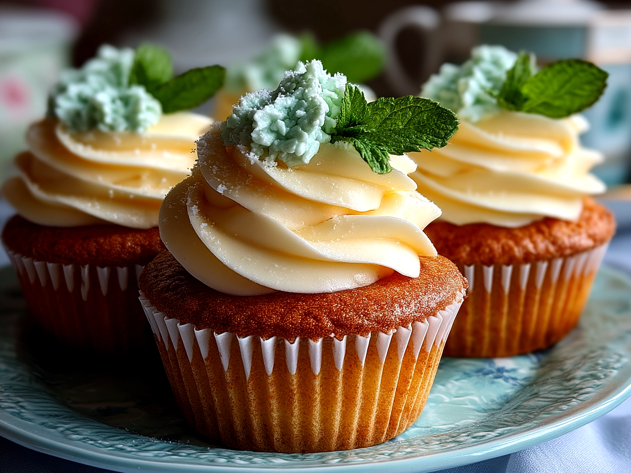 Freshly decorated Mint Lemon Cupcakes on a rustic wooden platter