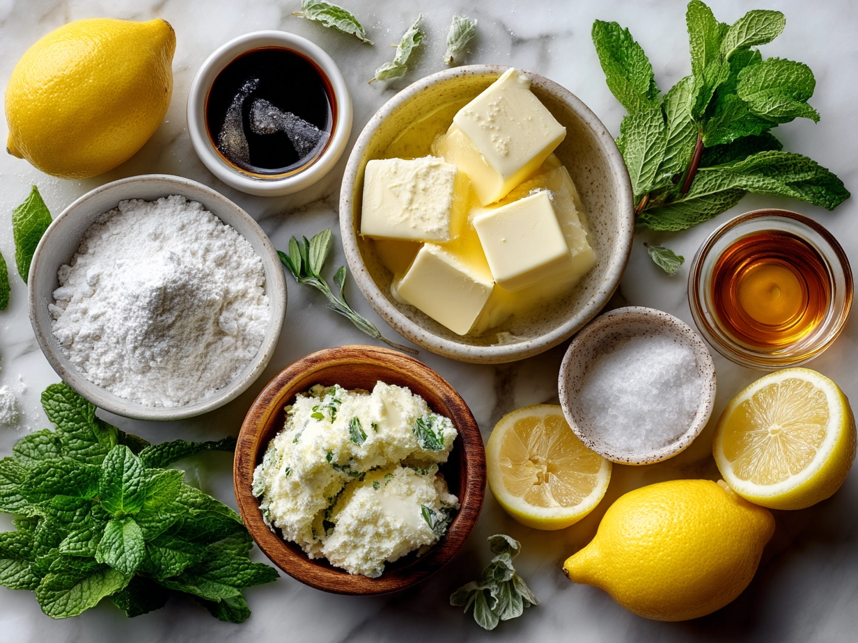 Ingredients for Mint Lemon Cupcakes: flour, sugar, butter, lemons, and fresh mint