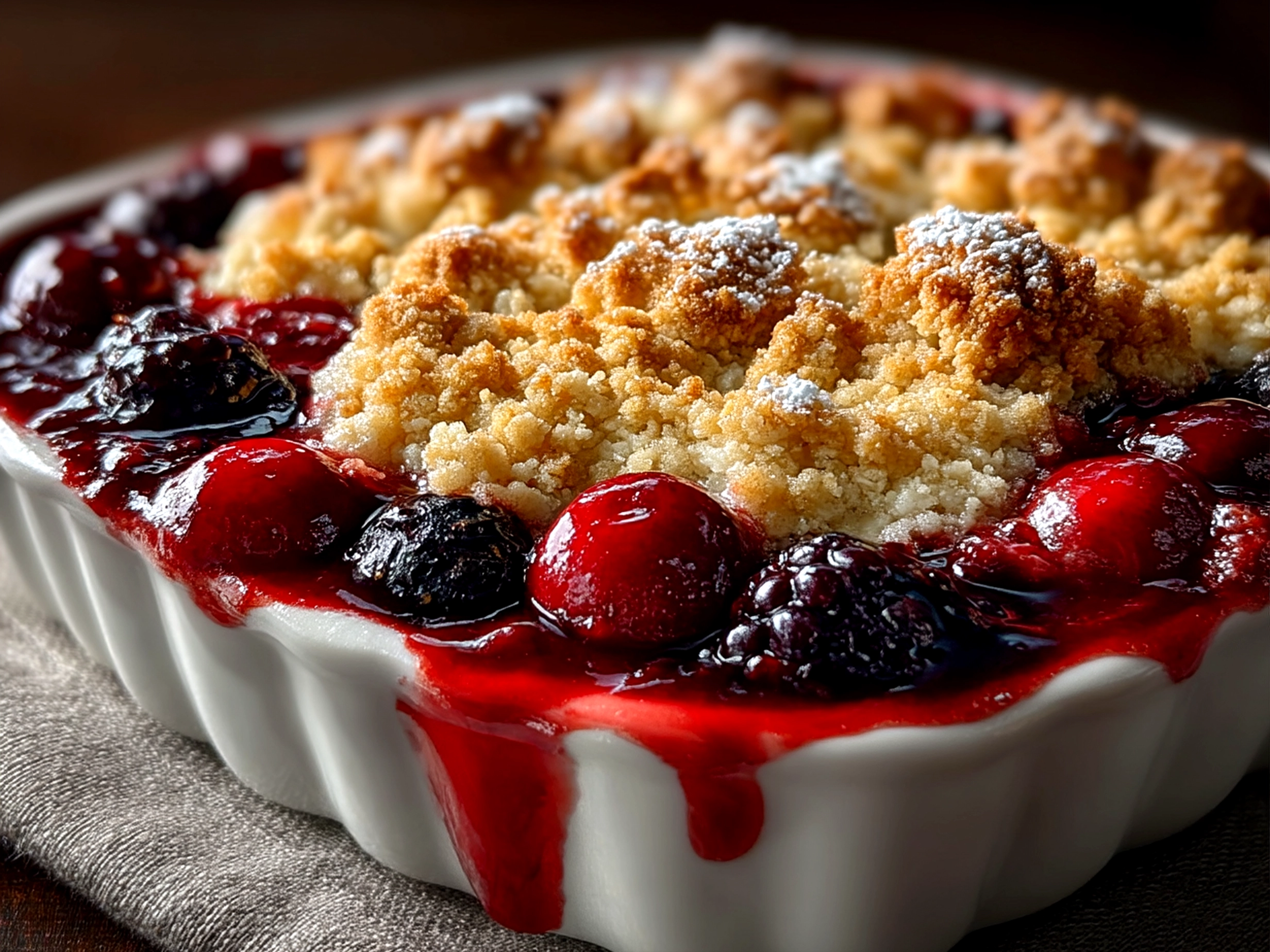 Serving Mixed Berry Crisp topped with vanilla ice cream and fresh mint