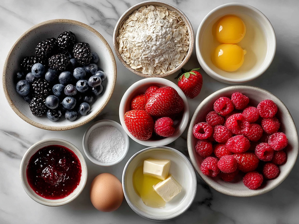 Ingredients for Mixed Berry Crisp showing fresh berries, oats, brown sugar, and butter