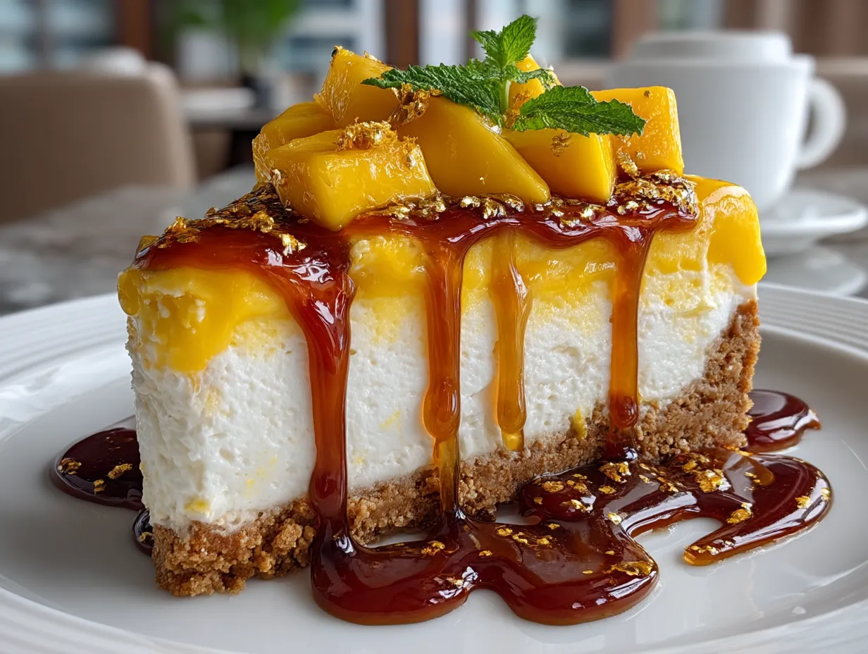 No-Bake Mango Cheesecake served with fresh mango slices and mint garnish