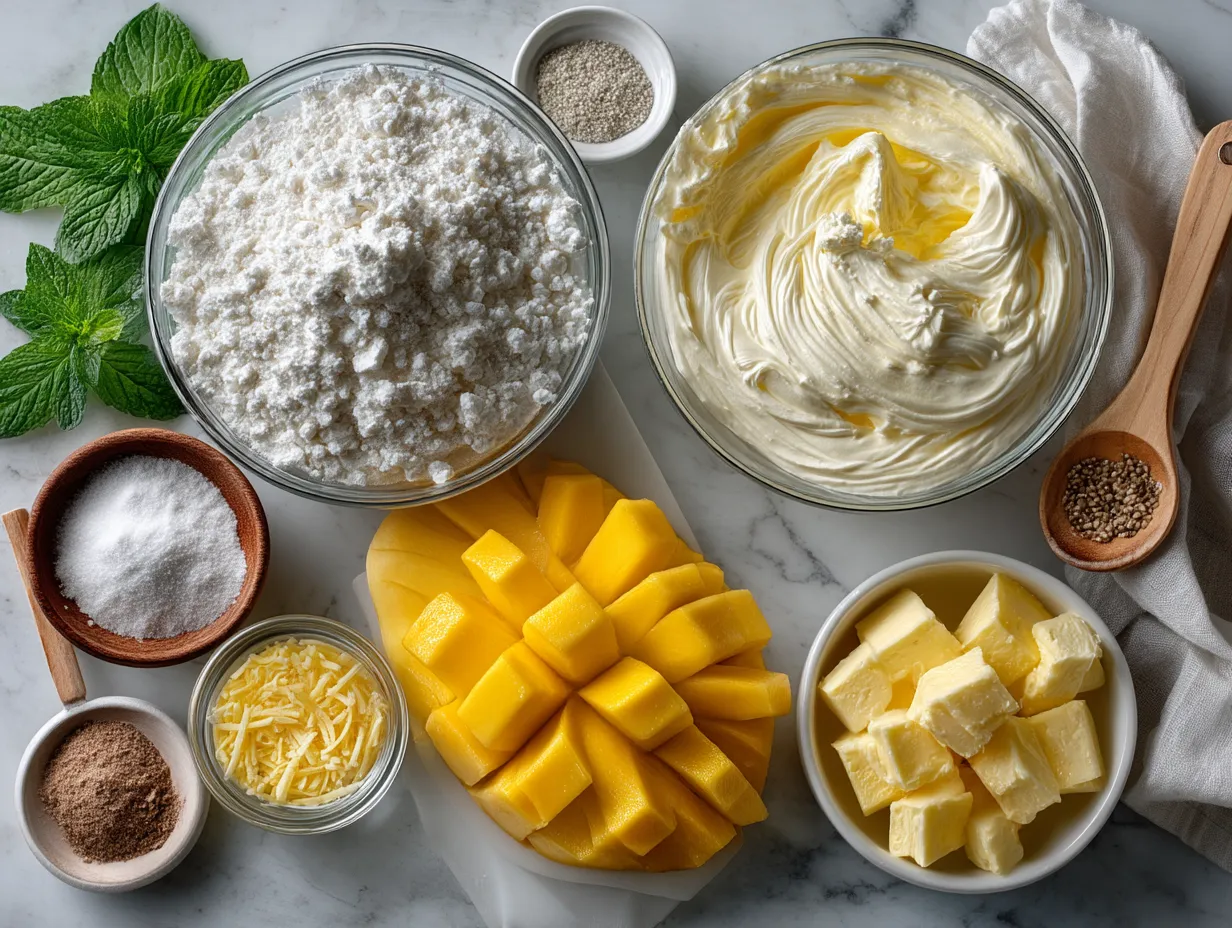 Ingredients laid out for No-Bake Mango Cheesecake including digestive biscuits, butter, cream cheese, mango puree, cream, sugar, lemon juice, and gelatin