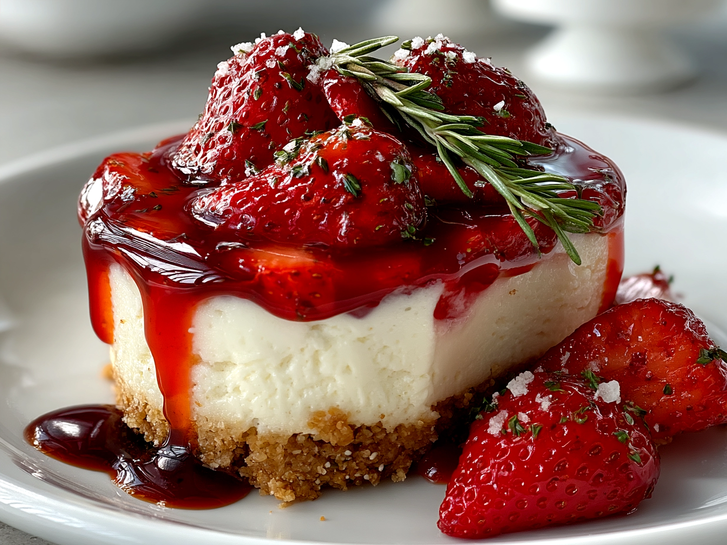 Finished No-Bake Strawberry Cheesecake topped with fresh strawberries