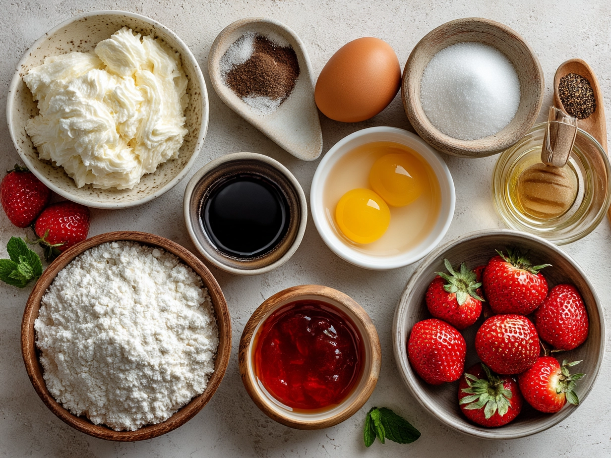 Ingredients for No-Bake Strawberry Cheesecake including cream cheese, strawberries, and biscuits
