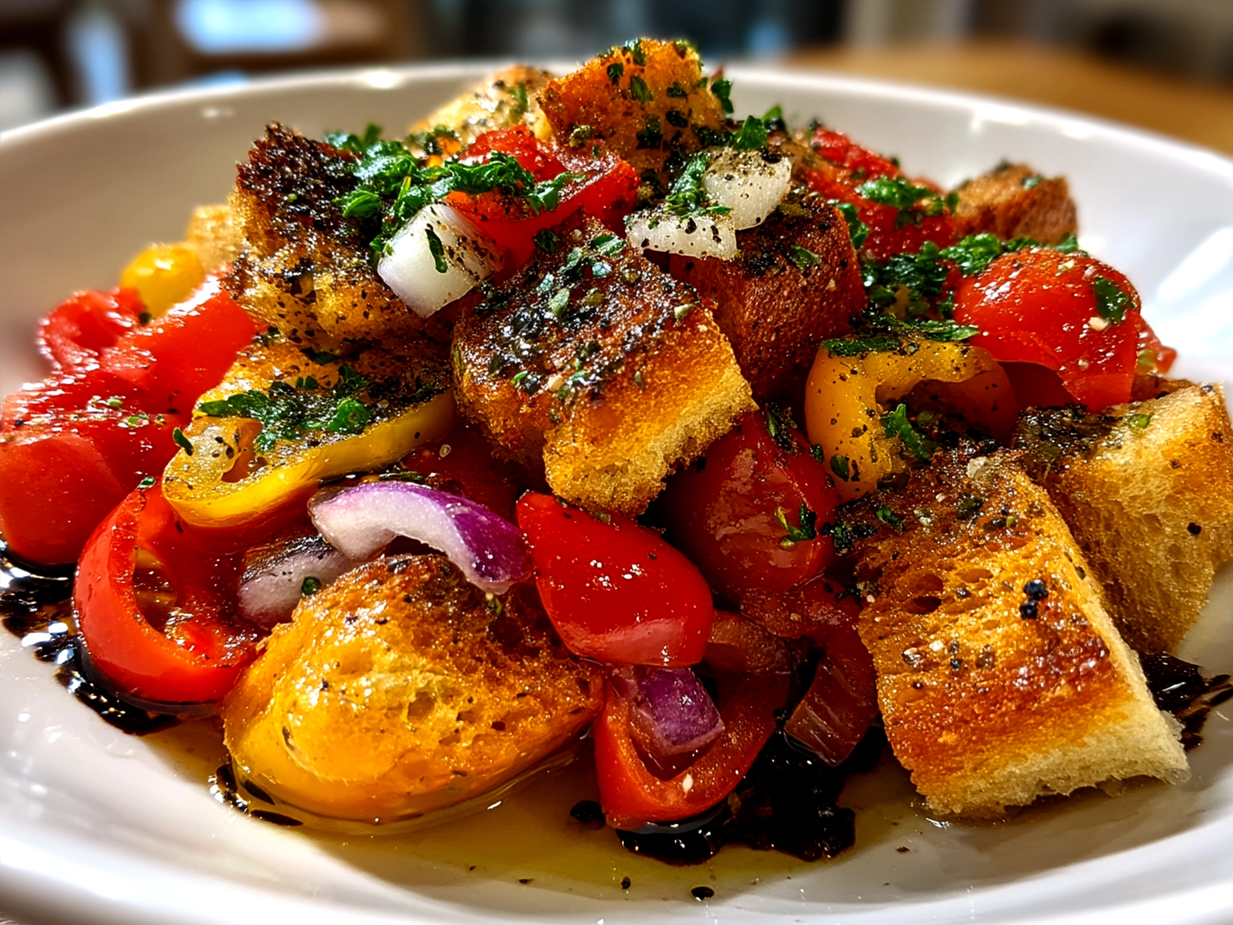 Serving bowl of Panzanella Salad showing vibrant bread cubes, tomatoes, and basil leaves