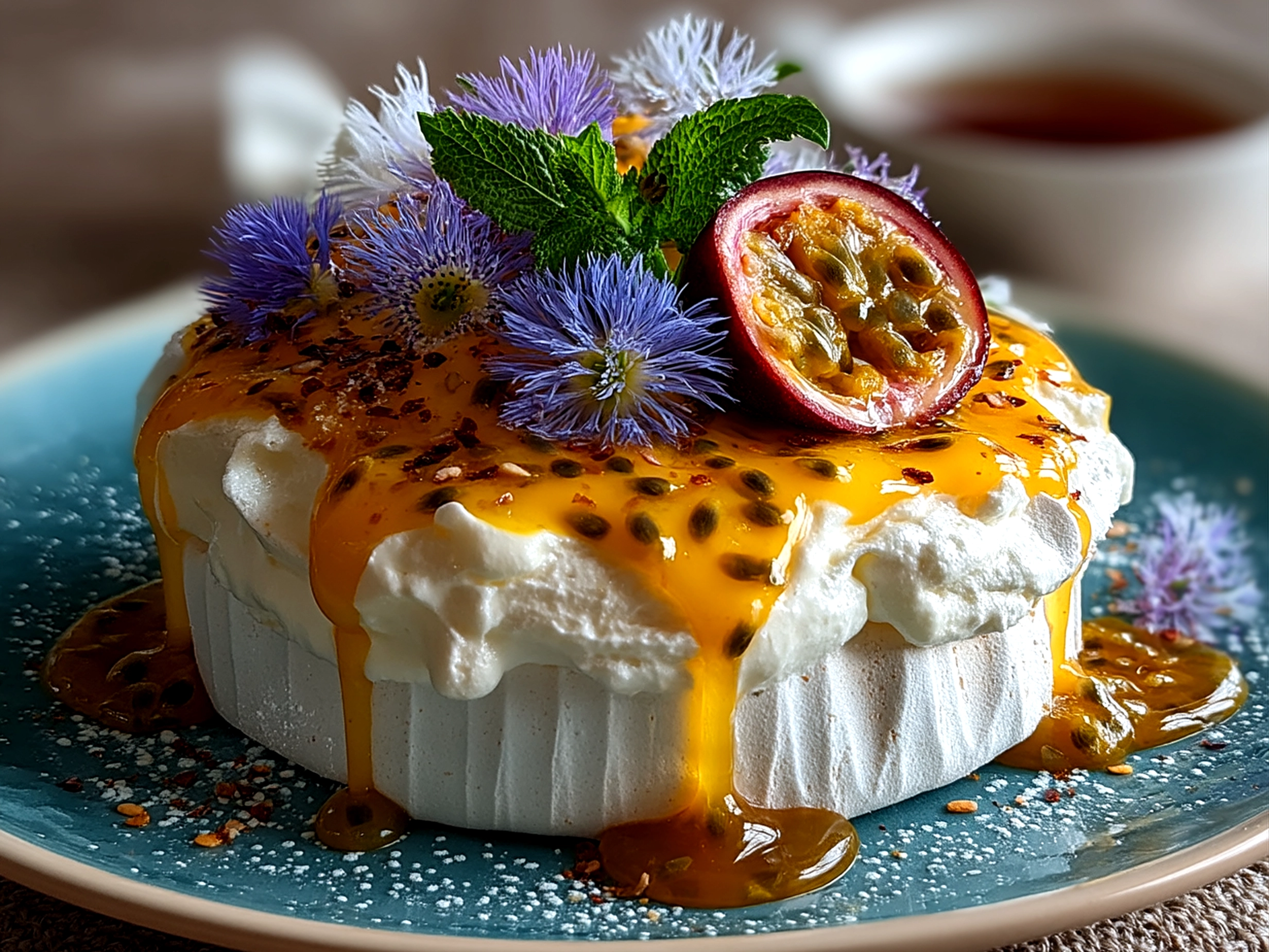 Finished Passionfruit Pavlova served on a white plate, topped with whipped cream and passionfruit pulp