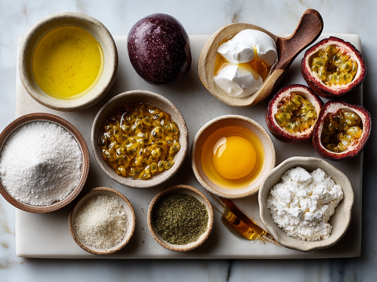 Ingredients for making Passionfruit Pavlova including eggs, sugar, vinegar, cornstarch, cream, passionfruits, and vanilla