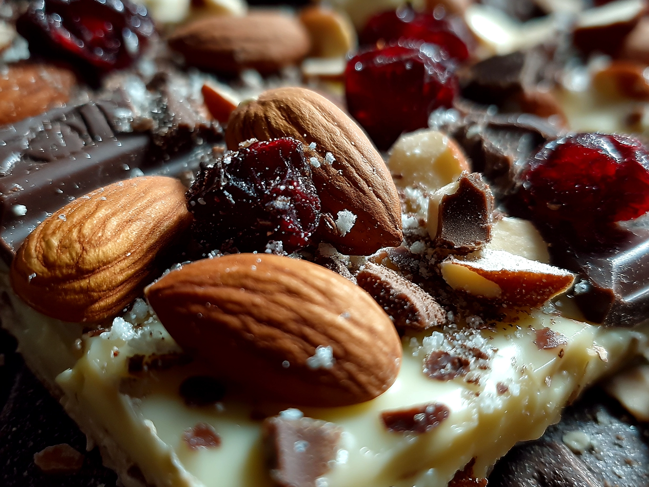 Patriotic Chocolate Bark served on a white platter with red and blue berries