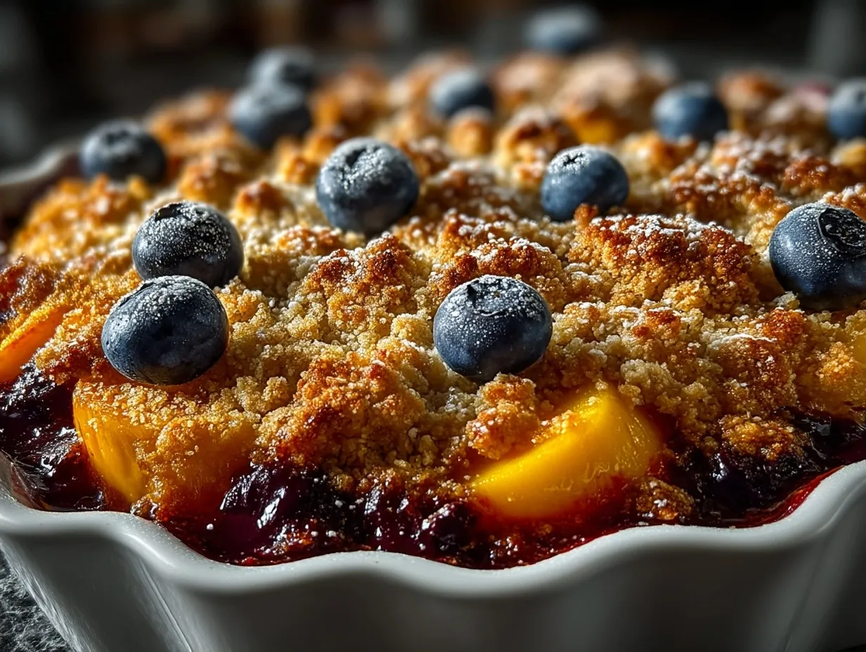 Serving Peach Blueberry Crisp with ice cream and warm golden topping