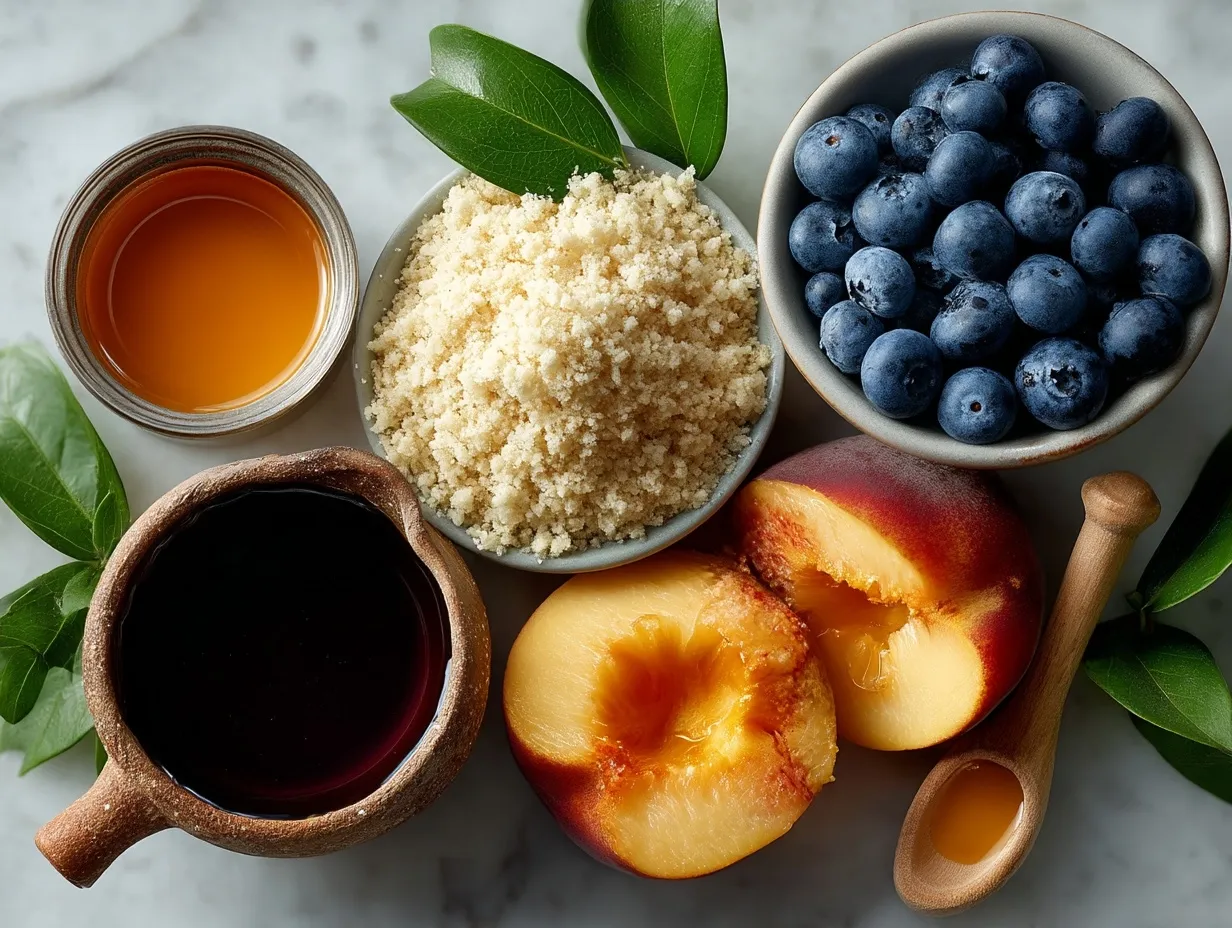 Ingredients for Peach Blueberry Crisp including fresh peaches, blueberries, oats, butter and spices