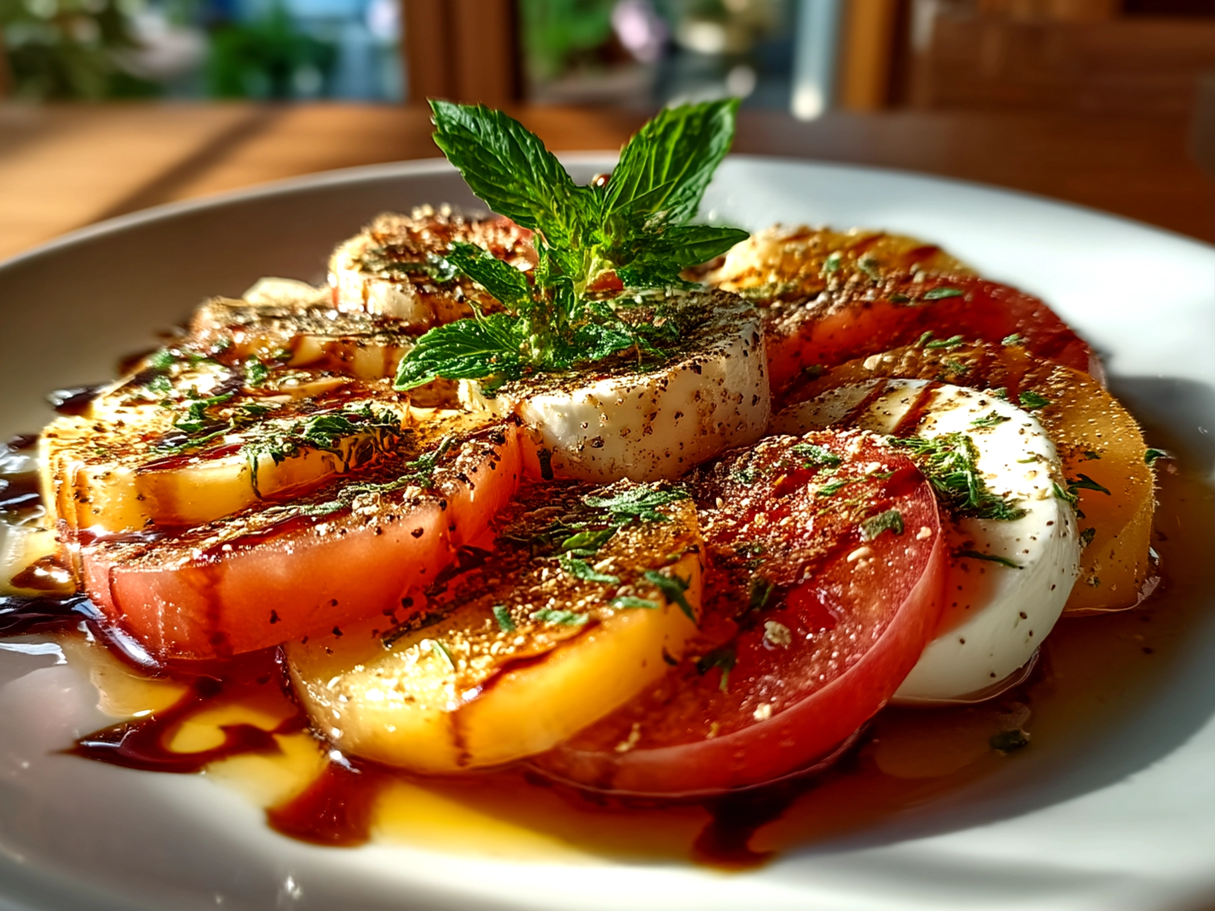 Beautifully arranged Peach Caprese Salad with peach slices, mozzarella, and basil garnished on a white platter
