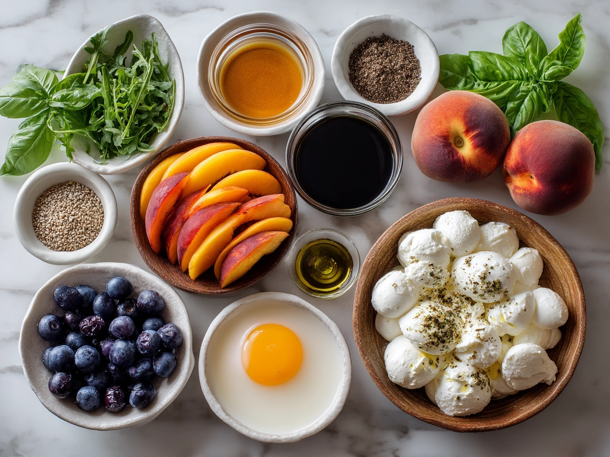 Ingredients for Peach Caprese Salad including peaches, mozzarella, and fresh basil