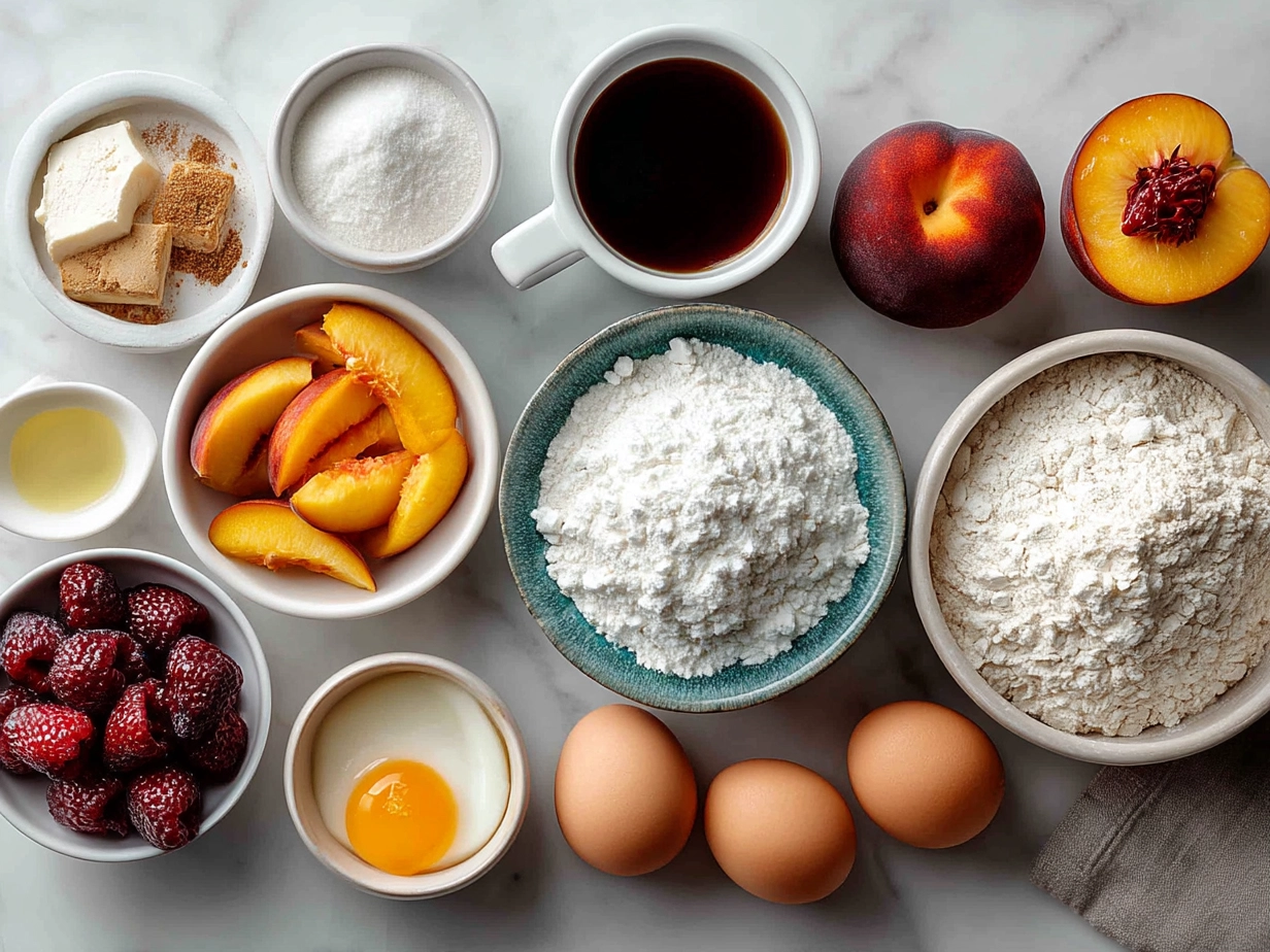 Ingredients for Peach Cobbler: fresh peaches, sugar, cinnamon, Bisquick, butter, milk
