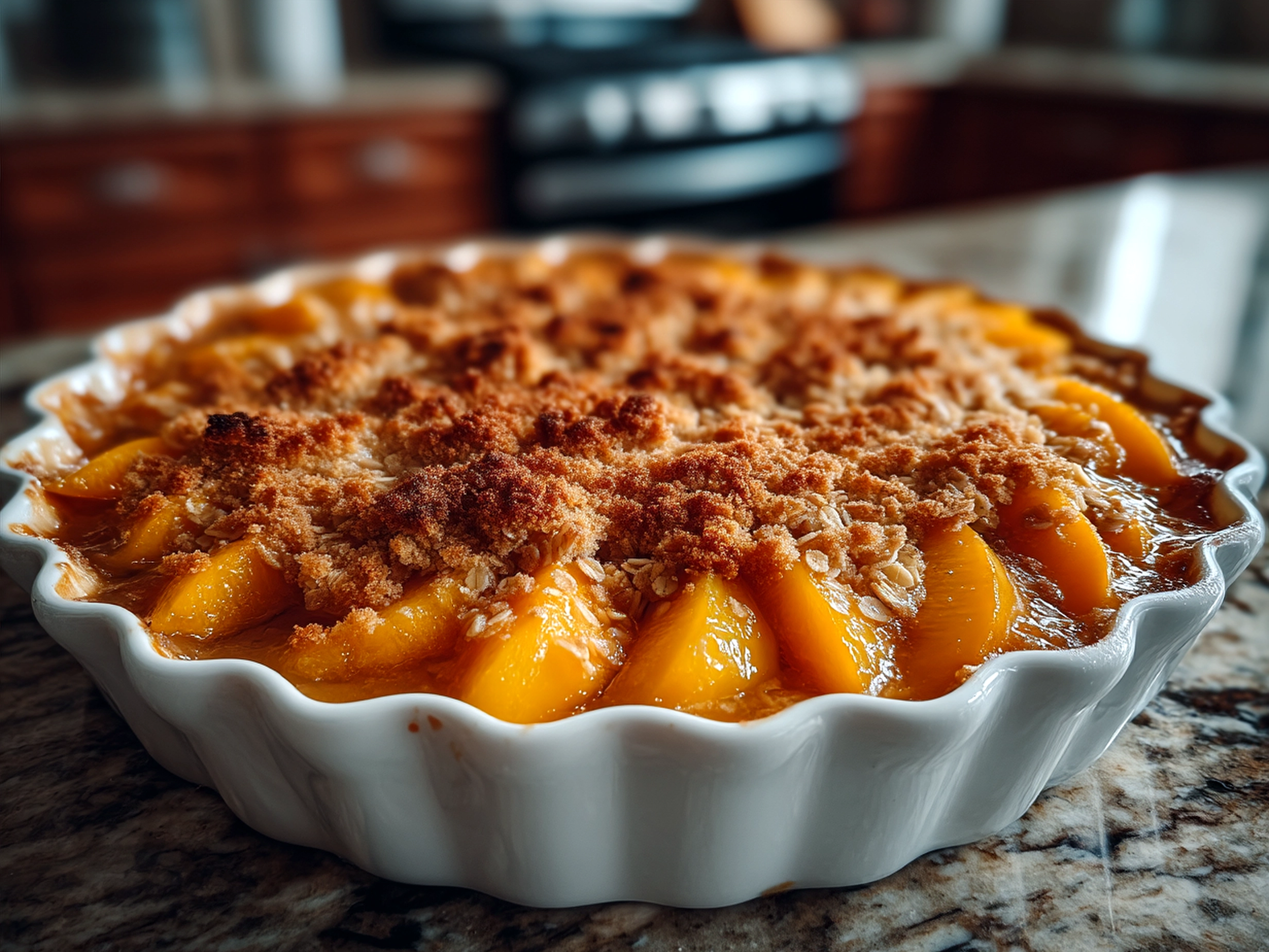 Serving peach crisp with fresh peaches in rustic bowls topped with ice cream