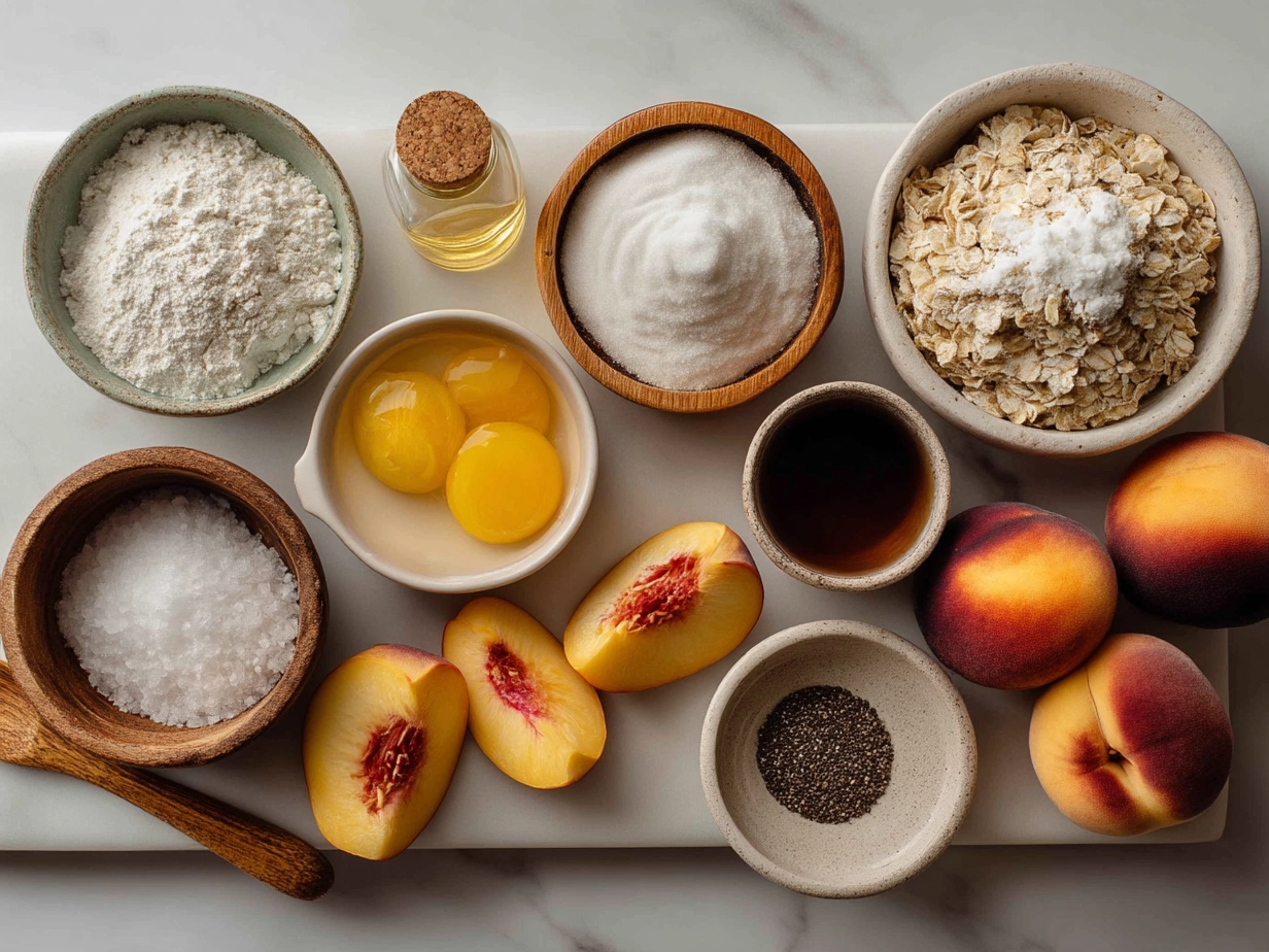 Ingredients for peach crisp with fresh peaches including oats, sugar, peaches, and spices