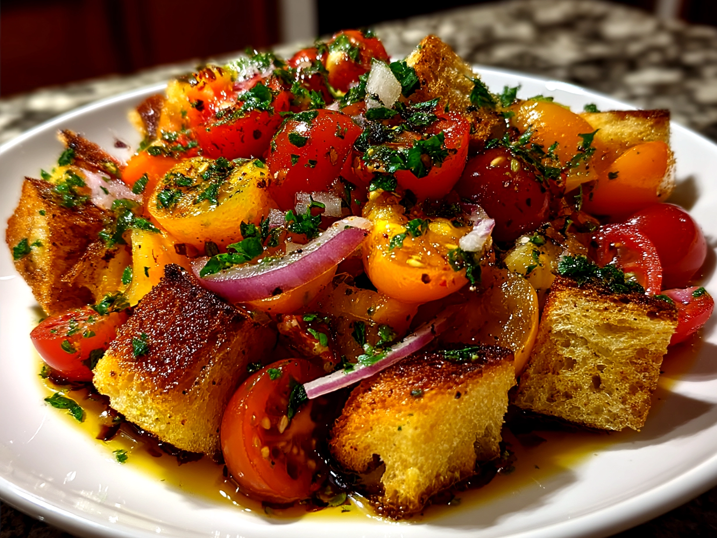 Peach Tomato Panzanella served in a wide shallow bowl garnished with basil