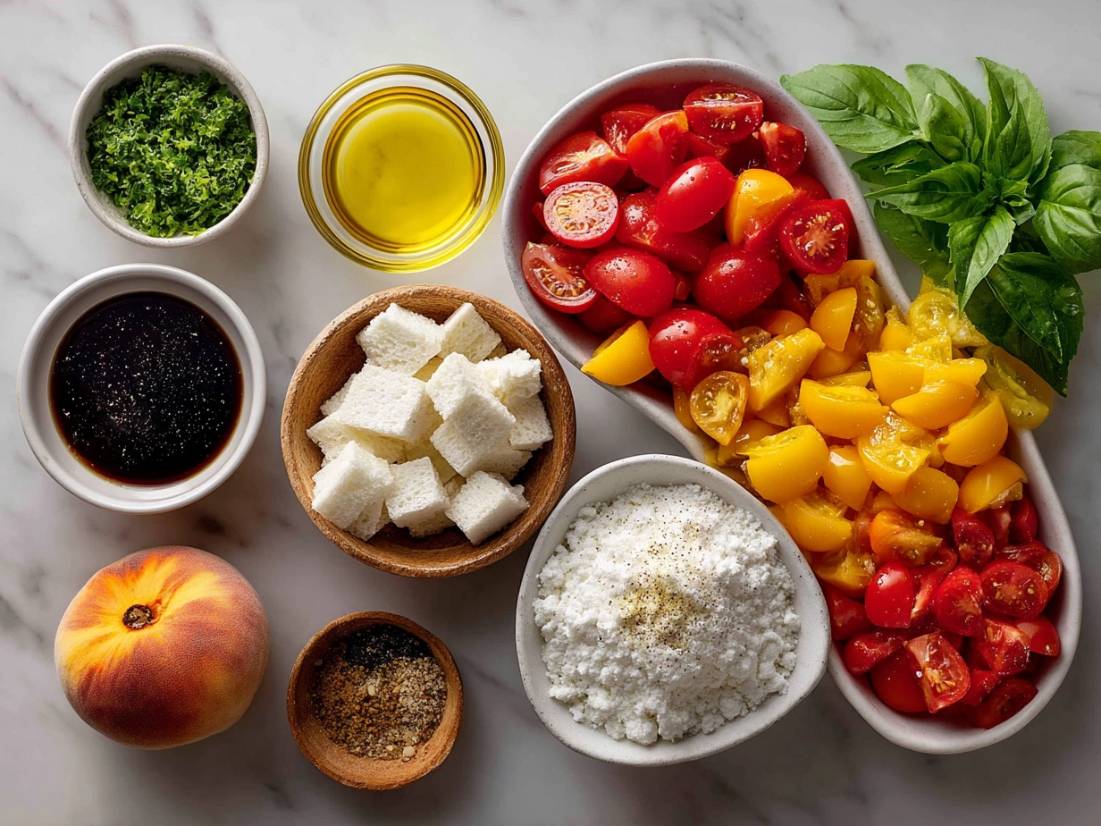 Ingredients for Peach Tomato Panzanella: Italian bread cubes, peaches, heirloom tomatoes, basil, red onion, and capers