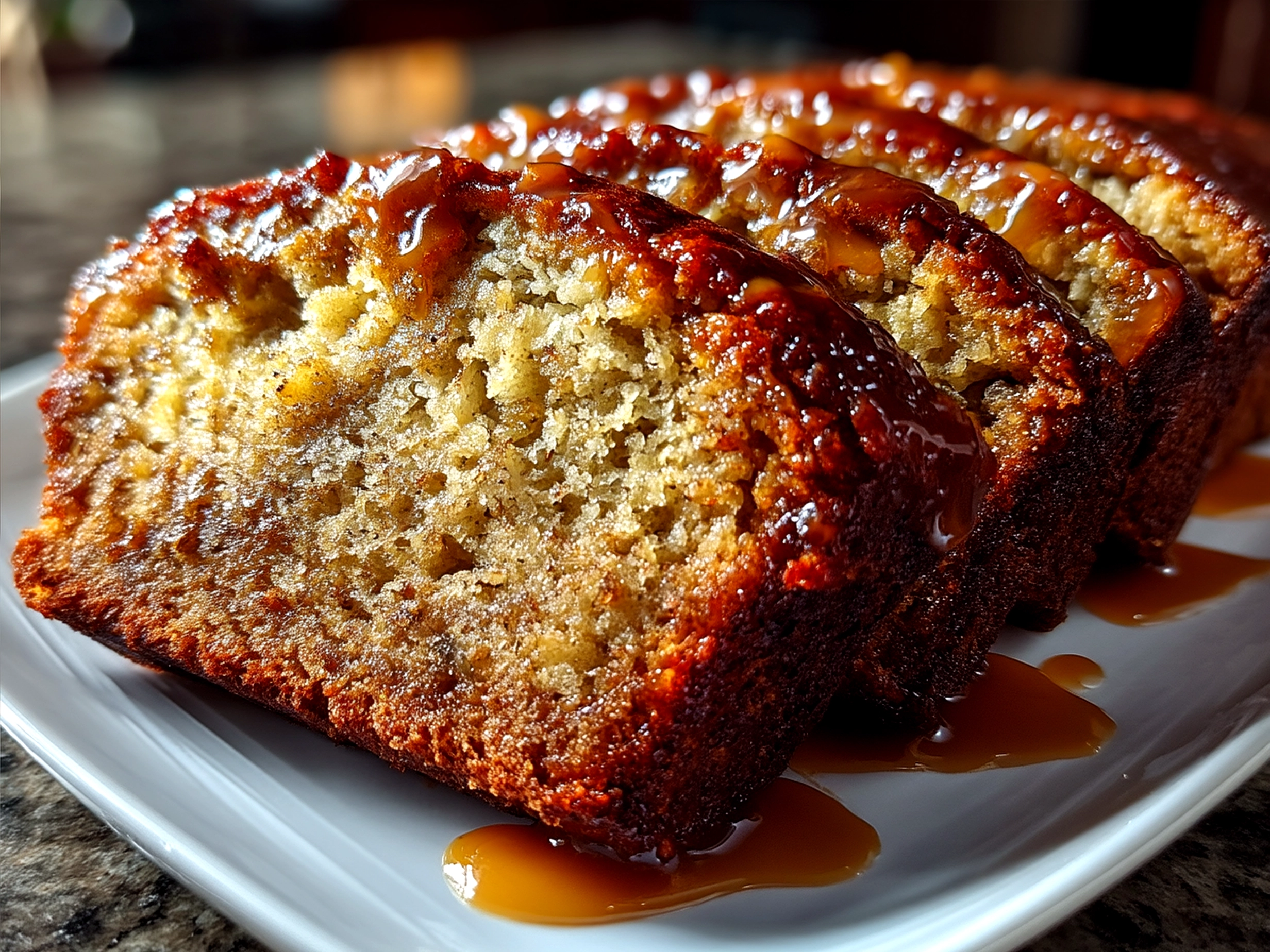 Slice of Peanut Butter Banana Bread served on a rustic plate with tea