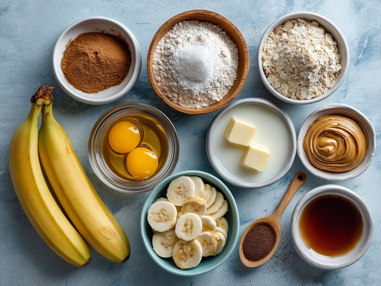 Ingredients for Peanut Butter Banana Bread including flour, baking soda, peanut butter, bananas, and eggs