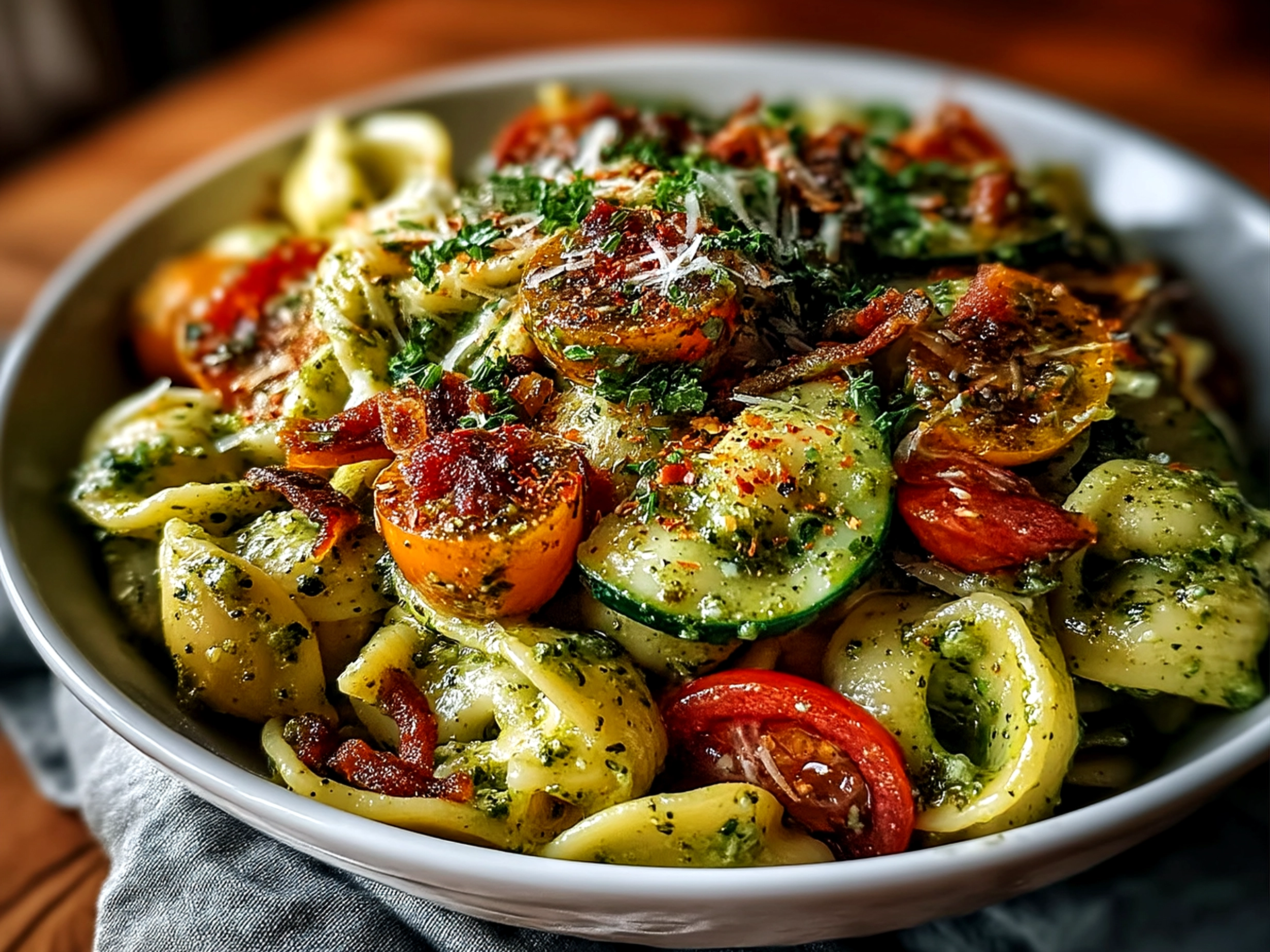 Bowl of vibrant pesto pasta salad garnished with fresh basil and pine nuts ready to serve