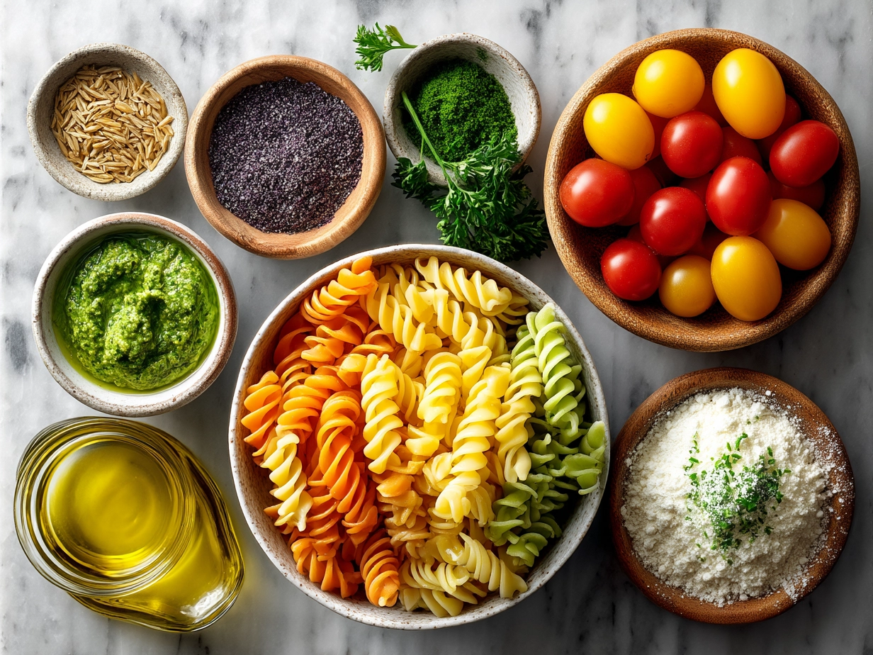 Ingredients arranged for making a pesto pasta salad with fresh basil, tomatoes, pasta, and nuts