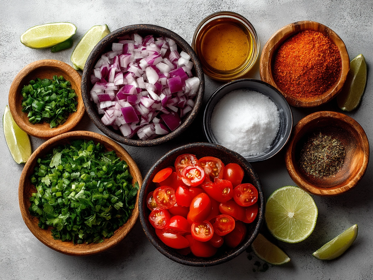 Ingredients for authentic Pico de Gallo including tomatoes, onions, jalapeños, cilantro, lime, and salt