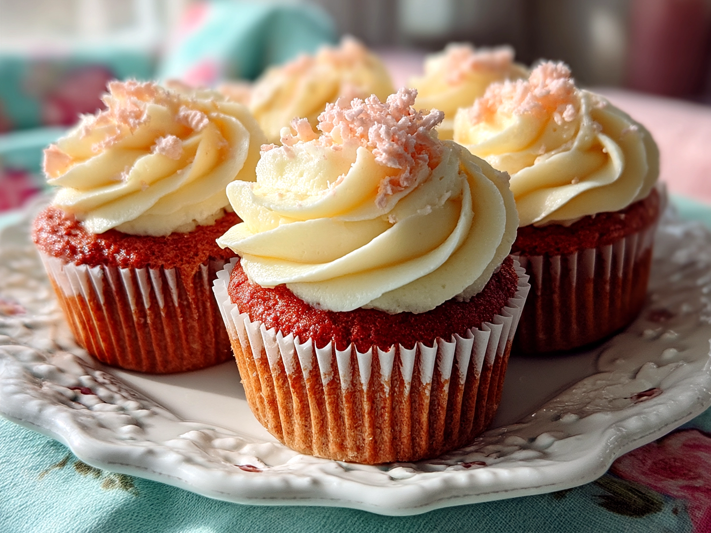 Elegant presentation of pink velvet cupcakes on a tiered stand with pink frosting