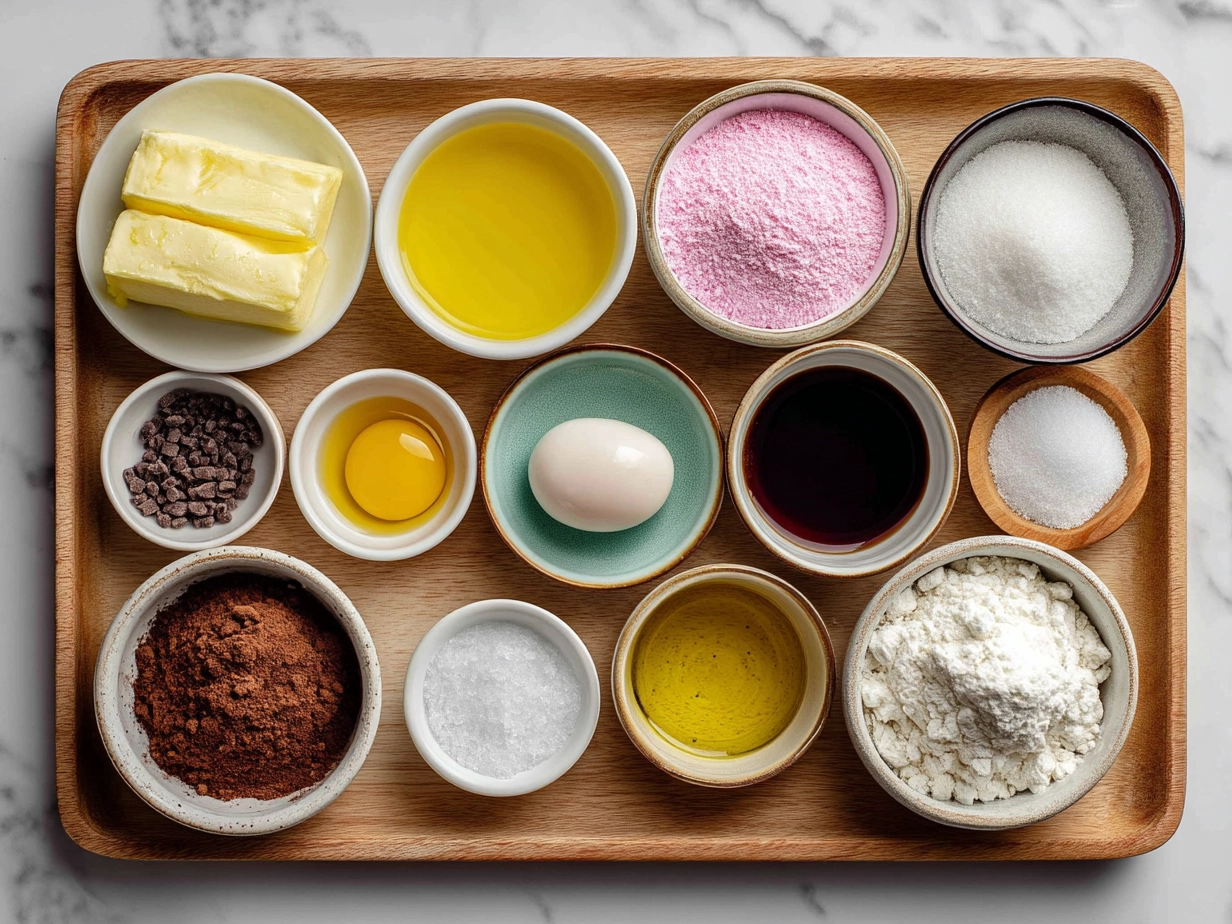 Ingredients for pink velvet cupcakes laid out on the kitchen counter