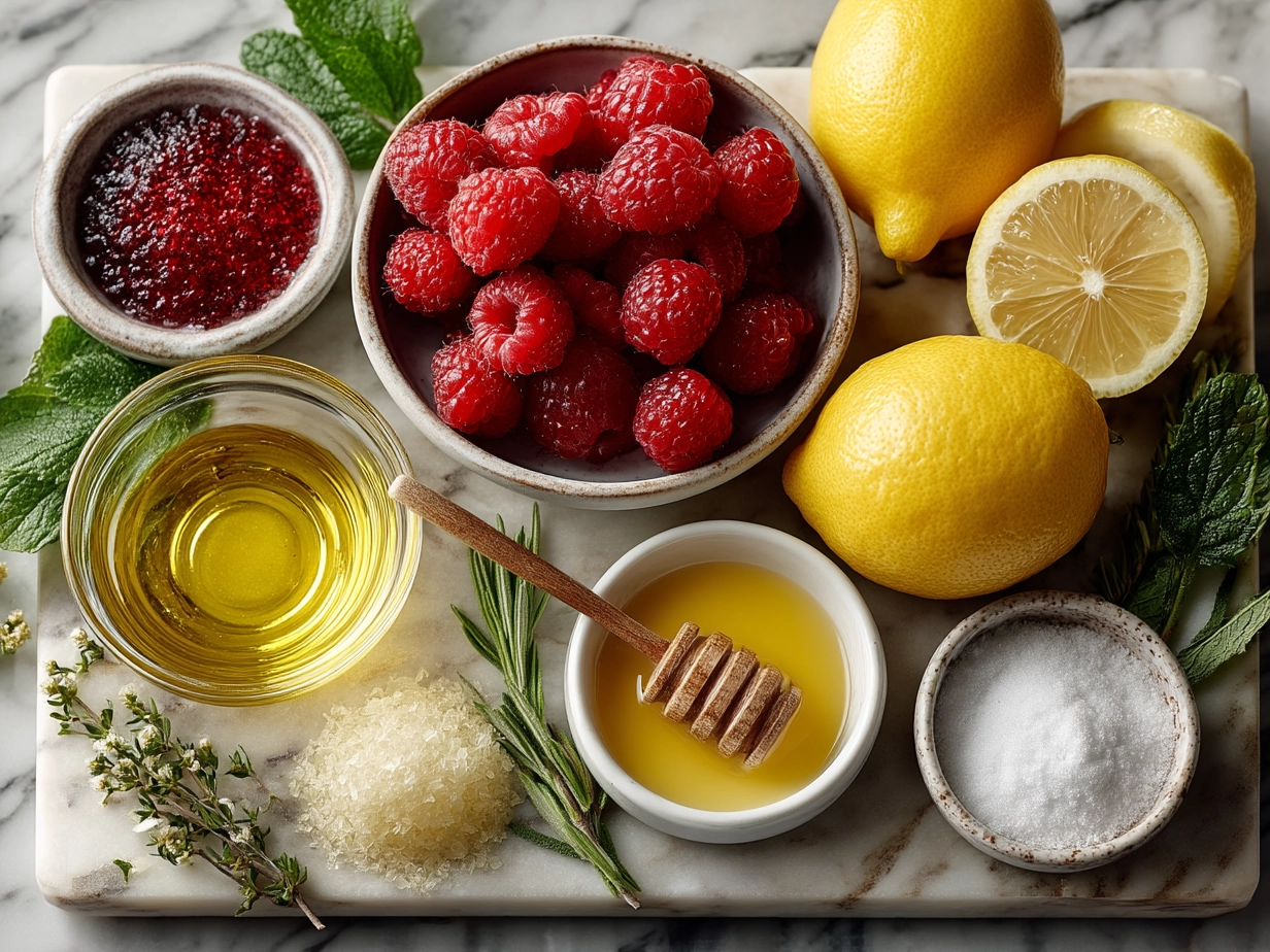 Fresh raspberries, lemons, sugar and water ingredients for homemade raspberry lemonade