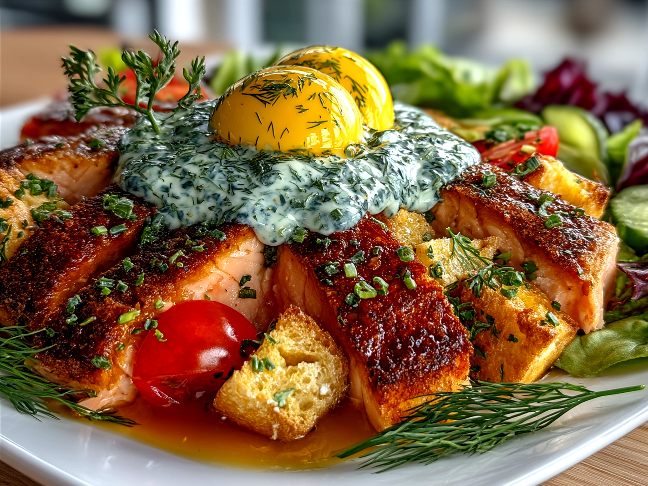 Serving presentation of Salmon Cobb Salad with Lemon Dill