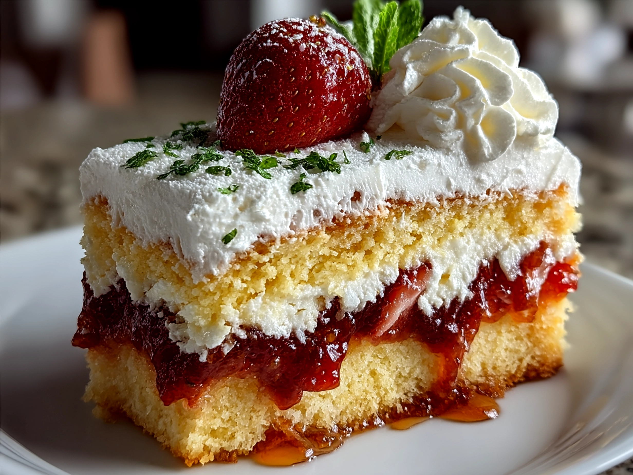 Shortcake Layer Cake beautifully plated and topped with fresh strawberries