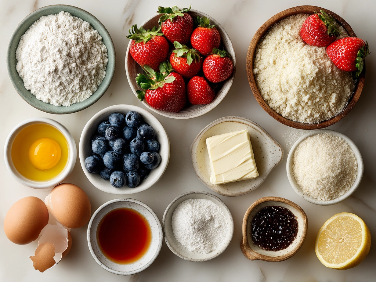 Ingredients for a Shortcake Layer Cake including flour, butter, sugar, fresh strawberries, and whipping cream