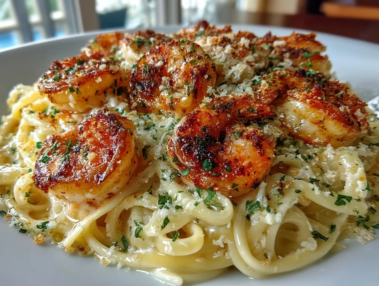 Served creamy shrimp Alfredo with parsley garnish