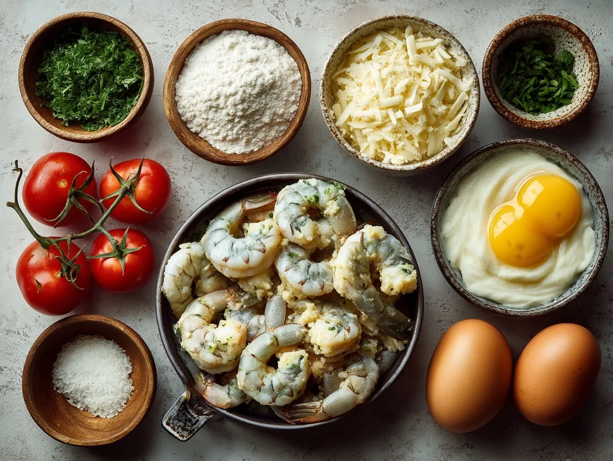 Ingredients for creamy shrimp Alfredo including shrimp, fettuccine, butter, garlic, cream, and Parmesan cheese