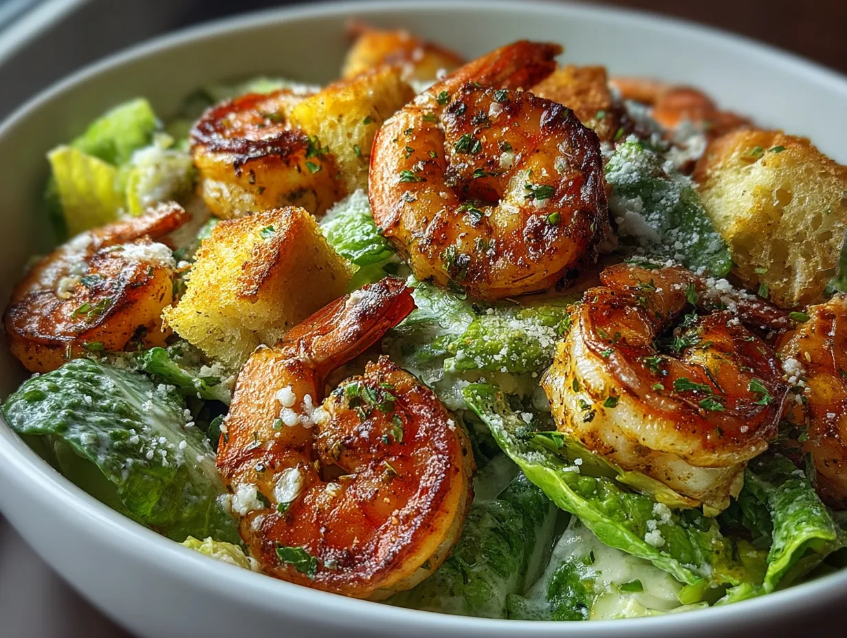 Plated shrimp caesar salad showing grilled shrimp, romaine lettuce, croutons, and parmesan cheese