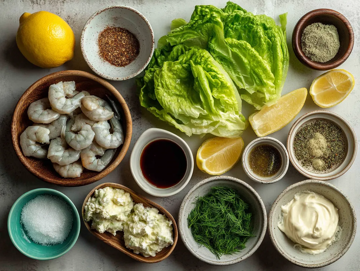 Ingredients laid out for shrimp caesar salad including shrimp, romaine lettuce, parmesan, and dressing ingredients