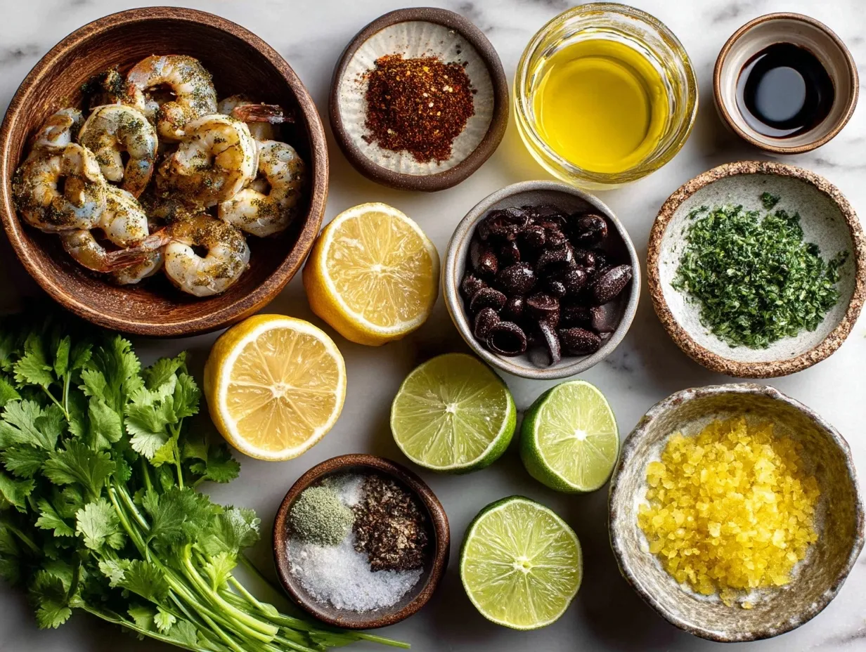 Ingredients for making the perfect shrimp marinade, including olive oil, lemon, garlic, and spices.