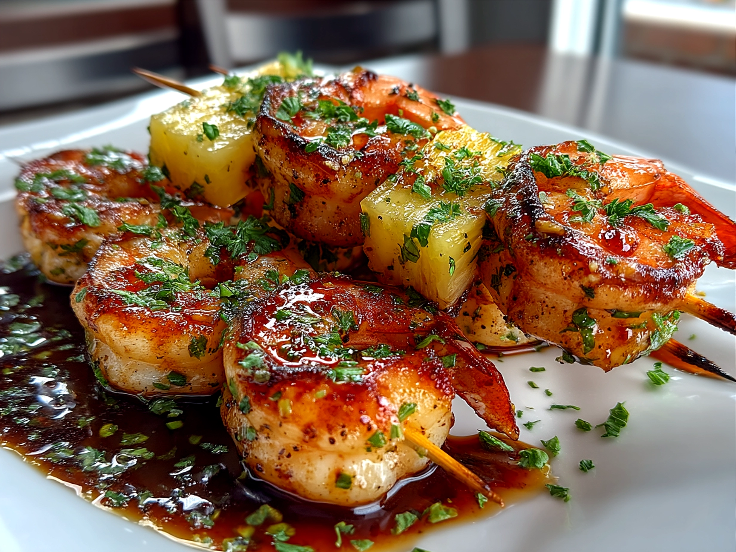 Grilled shrimp kabobs with pineapple served on a platter with fresh greens