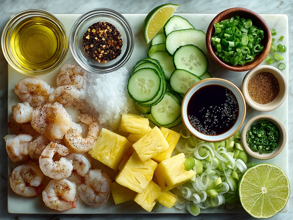 Ingredients for Shrimp Kabobs with Pineapple including shrimp, pineapple chunks, and spices