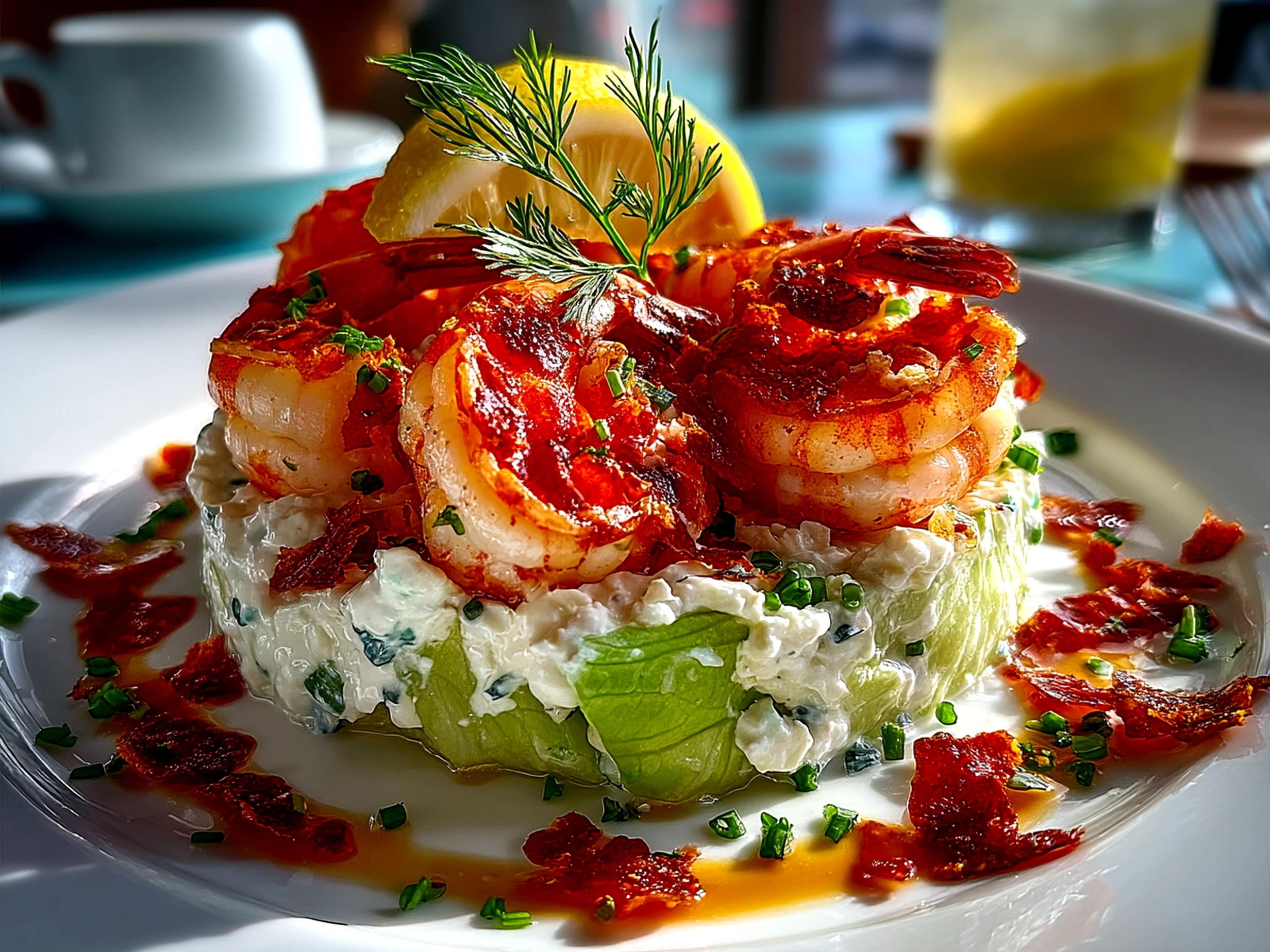 Beautifully plated Shrimp Louie Salad with colorful vegetables and shrimp