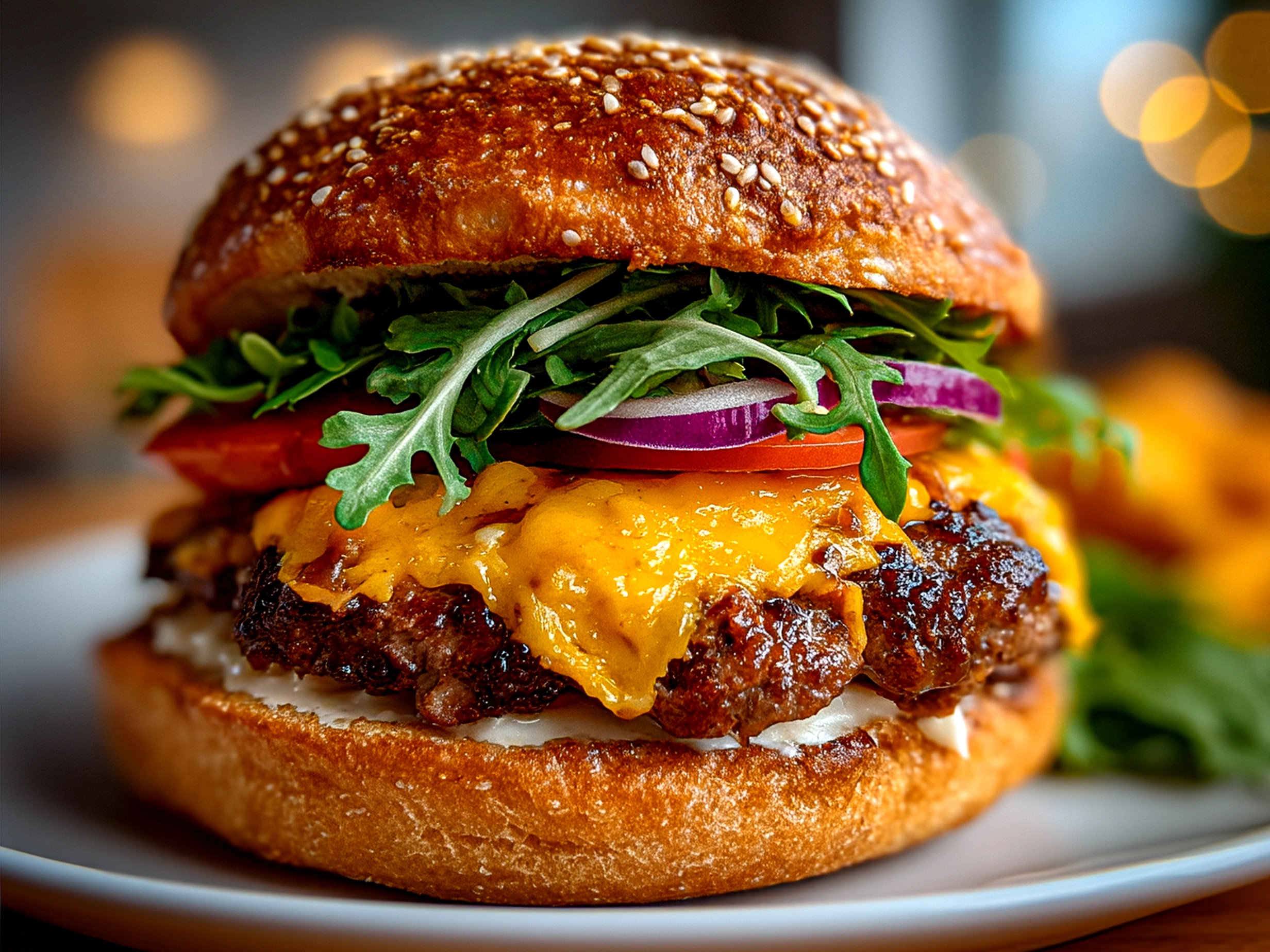 A beautifully plated Smash Burger with crispy fries and a pickle spear