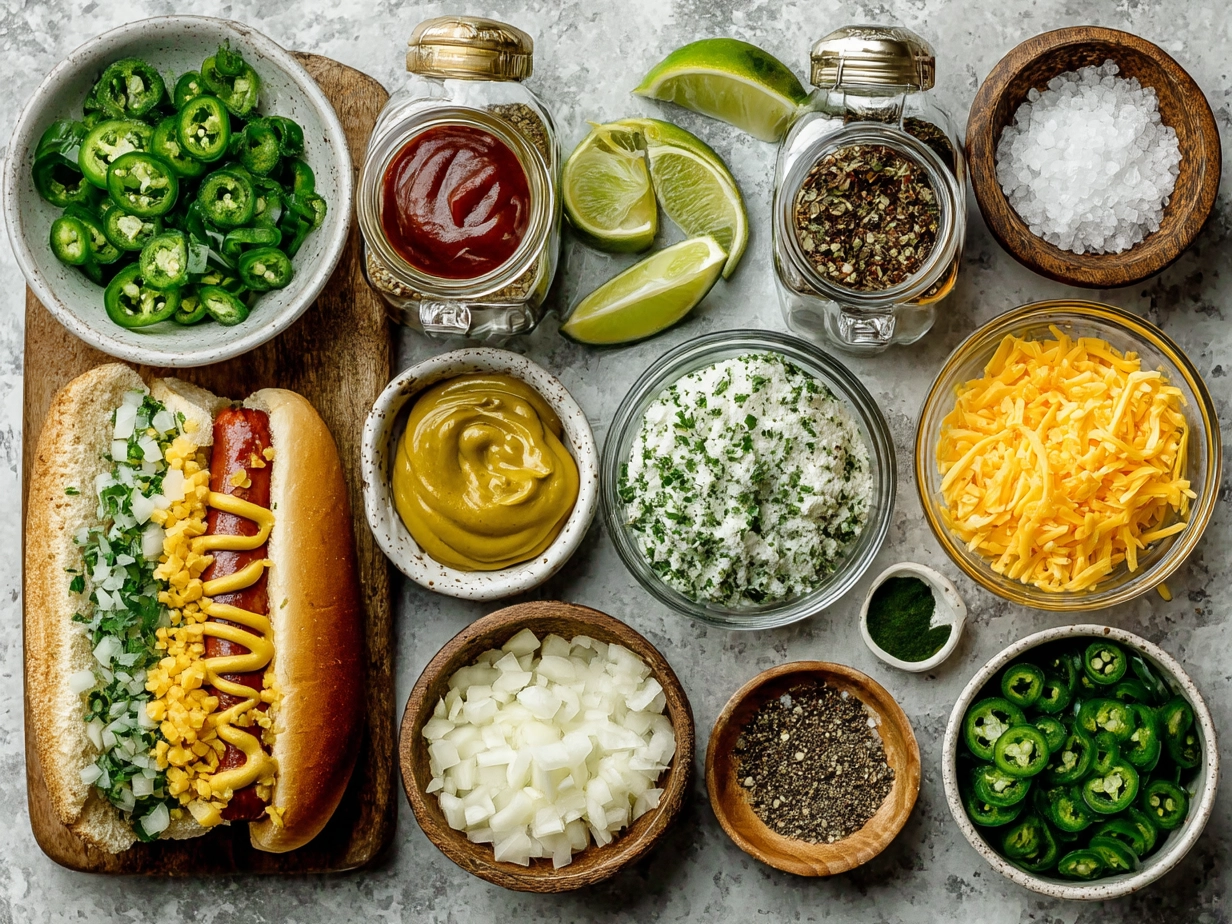 Ingredients for making Sonoran Hot Dog including hot dogs, bacon, bolillo rolls, beans, onions, tomatoes, jalapeños, and cheese