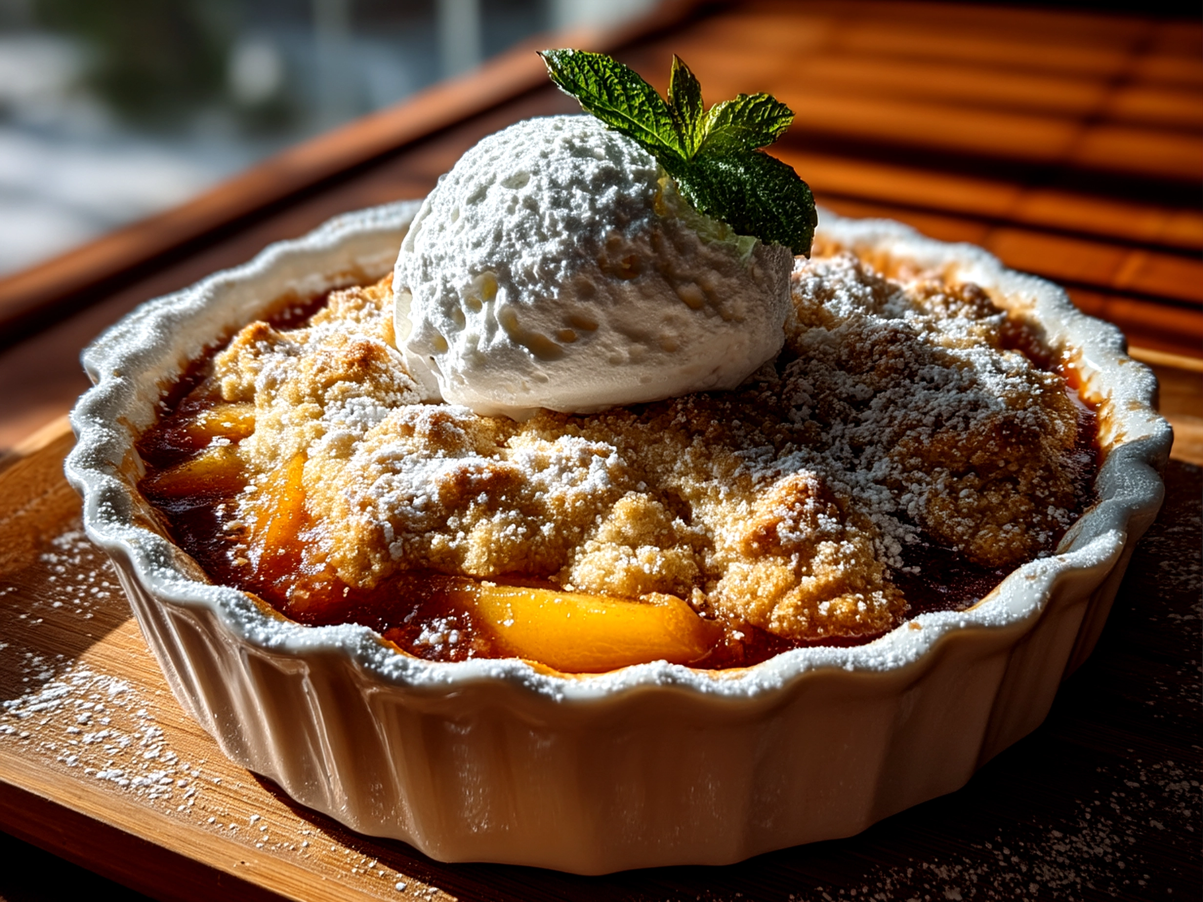 Southern Peach Cobbler served with vanilla ice cream