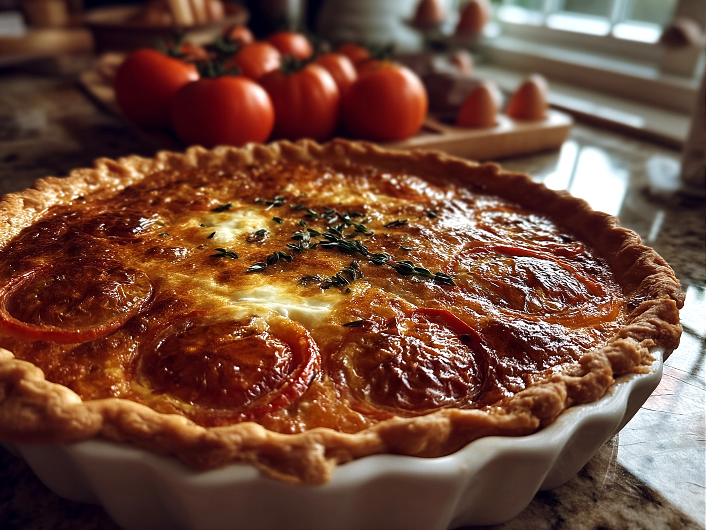 A freshly baked Southern Tomato Pie served warm on a rustic white plate with basil garnish