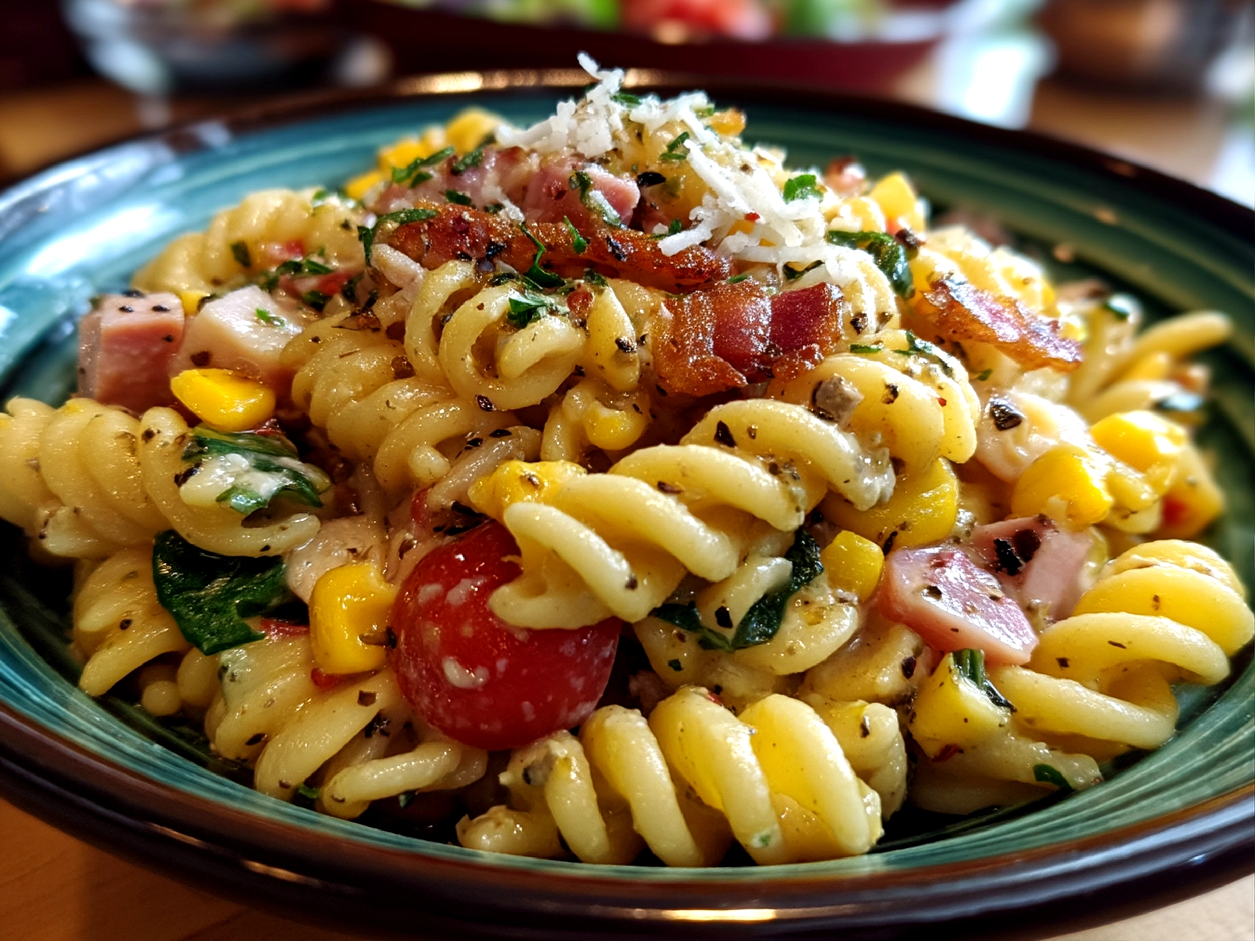 Bright and colorful Southwest Pasta Salad served in a bowl with fresh vegetables and herbs