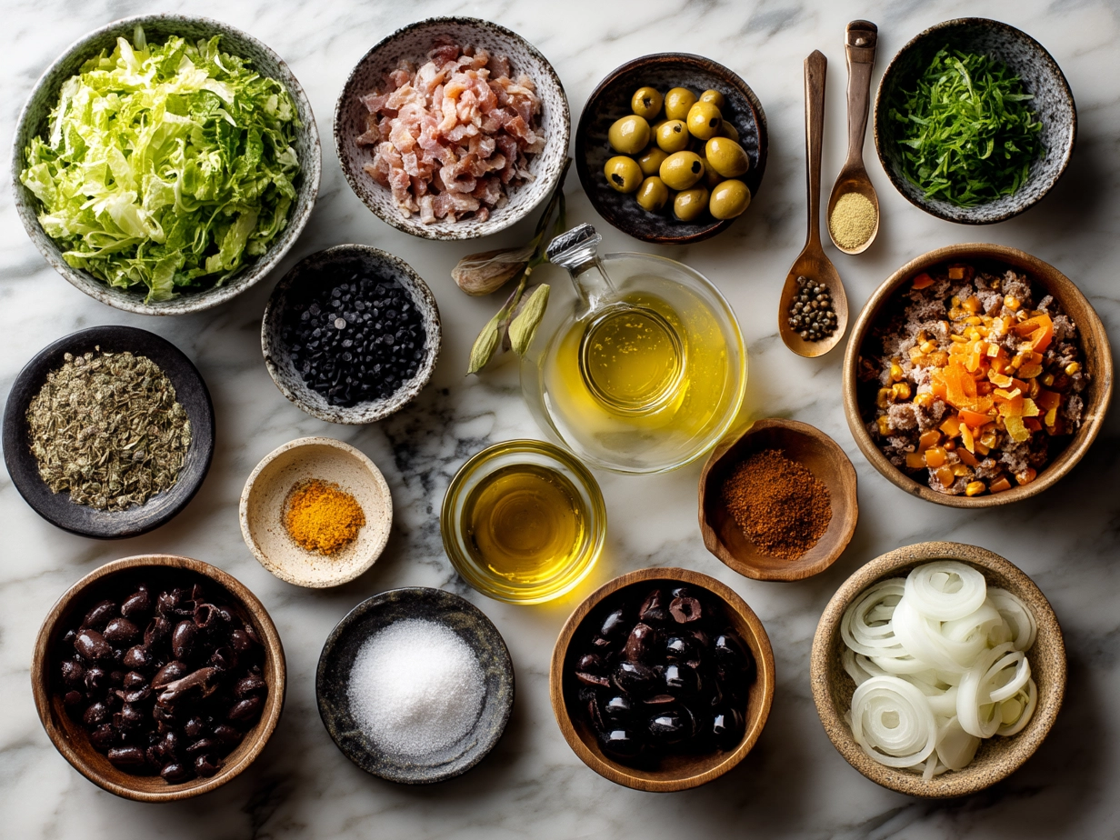 Ingredients for Southwest Pasta Salad, including pasta, black beans, corn, tomatoes, bell peppers, green onions, cilantro, jalapeño, and various spices